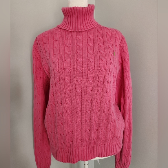 Ralph Lauren Sweaters - Ralph Lauren Sport Cable-Knit Turtleneck Sweater in Pink W/ Green Logo XL